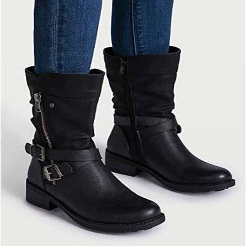 woobles Boots for Women,Women Platform Mid Calf Boots Composite Steel Toe Slide Zipper Ladies Trendy Chelsea Work Motorcycle Riding Combat Boots (Black, 6.5-7) - Image 2